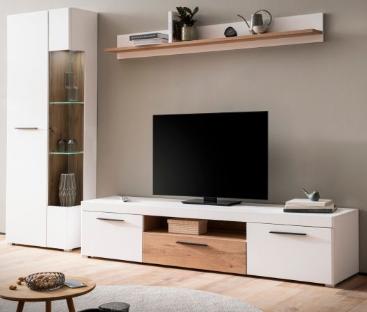 Wohnwand Lavell in wei� matt und Evoke Eiche Wohnkombination 3-teilig, Soft-Close-Funktion