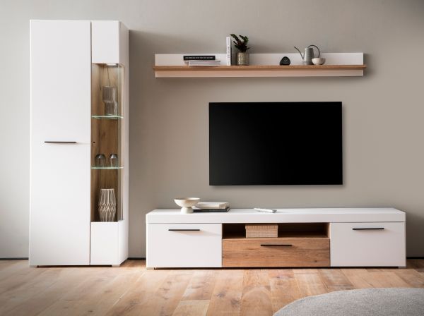 Wohnwand Lavell in wei� matt und Evoke Eiche Wohnkombination 3-teilig, Soft-Close-Funktion