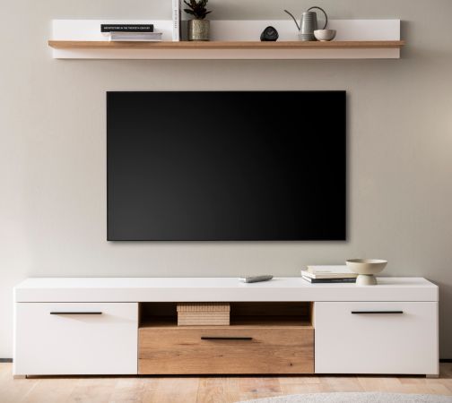 TV-Lowboard und Wandboard Lavell in wei� matt und Evoke Eiche Wohnkombination 2-teilig, Soft-Close-Funktion