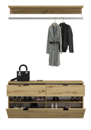 Garderobe Set 3-teilig Line-Up in Artisan Eiche Kommode und Kleiderstange 121 cm
