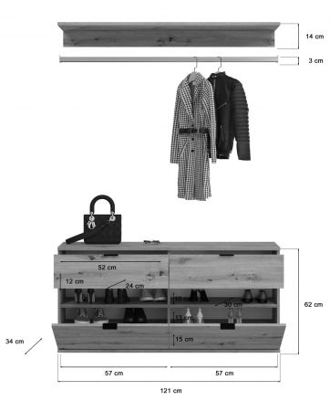 Garderobe Set 3-teilig Line-Up in Artisan Eiche Kommode und Kleiderstange 121 cm