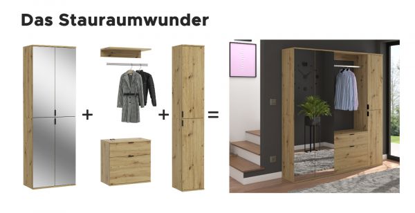 Garderobenschrank mit Spiegel Line-Up in Artisan Eiche Mehrzweckschrank 121 x 193 cm