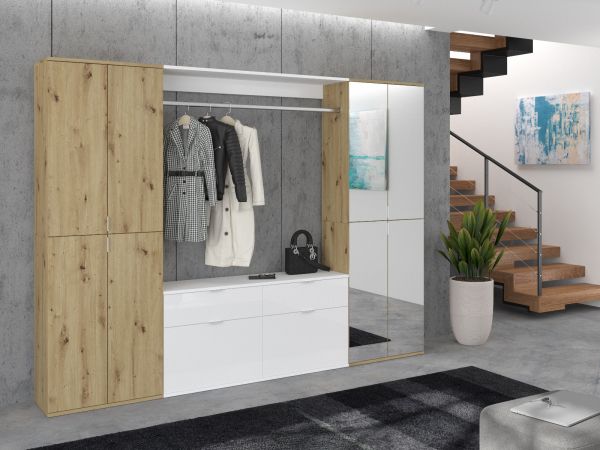 Garderobe Set Line-Up in Artisan Eiche und wei� Hochglanz Garderobenschrank mit Spiegel 243 x 193 cm