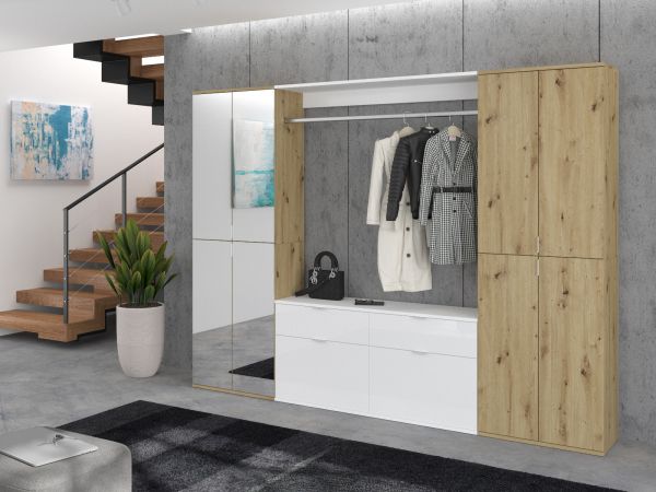 Garderobe Set Line-Up in Artisan Eiche und wei� Hochglanz Garderobenschrank mit Spiegel 243 x 193 cm