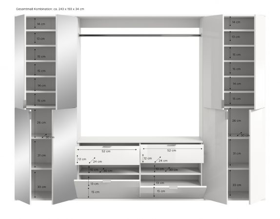 Garderobe Set Line-Up in Artisan Eiche und wei� Hochglanz Garderobenschrank mit Spiegel 243 x 193 cm