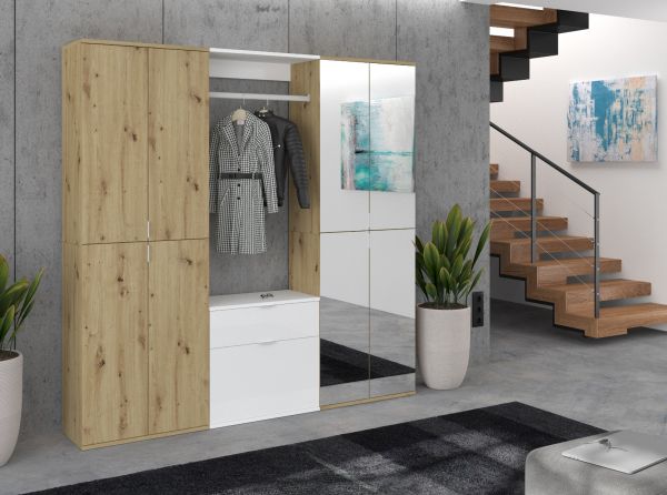 Garderobe Set Line-Up in Artisan Eiche und wei� Hochglanz Garderobenschrank mit Spiegel 183 x 193 cm