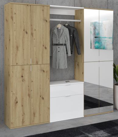 Garderobe Set Line-Up in Artisan Eiche und wei� Hochglanz Garderobenschrank mit Spiegel 183 x 193 cm