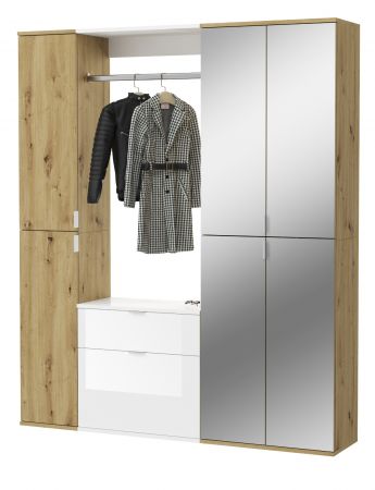 Garderobe Set Line-Up in Artisan Eiche und wei� Hochglanz Garderobenschrank mit Spiegel 152 x 193 cm