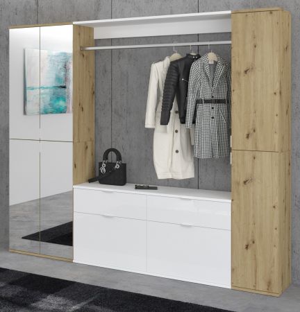 Garderobe Set Line-Up in Artisan Eiche und wei� Hochglanz Garderobenschrank mit Spiegel 212 x 193 cm