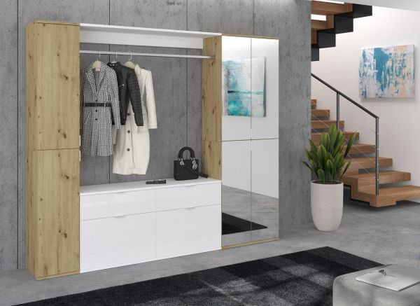 Garderobe Set Line-Up in Artisan Eiche und wei� Hochglanz Garderobenschrank mit Spiegel 212 x 193 cm