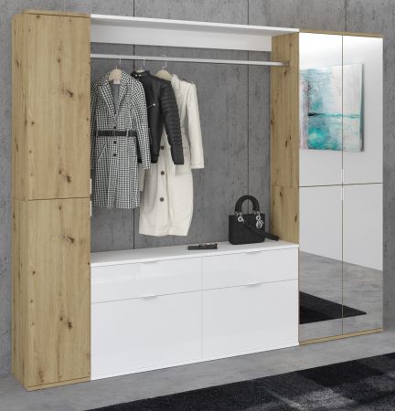 Garderobe Set Line-Up in Artisan Eiche und wei� Hochglanz Garderobenschrank mit Spiegel 212 x 193 cm