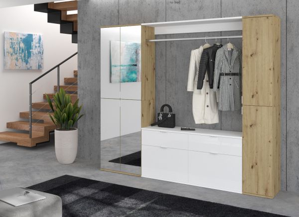 Garderobe Set Line-Up in Artisan Eiche und wei� Hochglanz Garderobenschrank mit Spiegel 212 x 193 cm