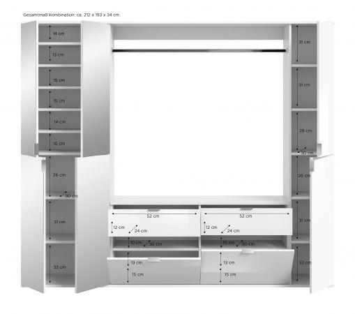 Garderobe Set Line-Up in Artisan Eiche und wei� Hochglanz Garderobenschrank mit Spiegel 212 x 193 cm