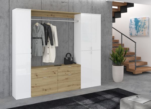 Garderobe SystemX in wei� Hochglanz und Artisan Eiche Garderobenschrank 212 x 193 cm