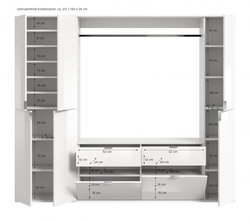 Garderobe SystemX in wei� Hochglanz und Artisan Eiche Garderobenschrank 212 x 193 cm