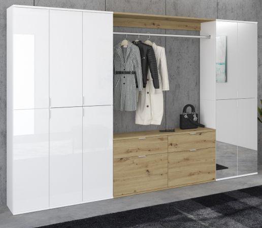Garderobe mit Spiegel SystemX in wei� Hochglanz und Artisan Eiche Garderobenschrank 273 x 193 cm