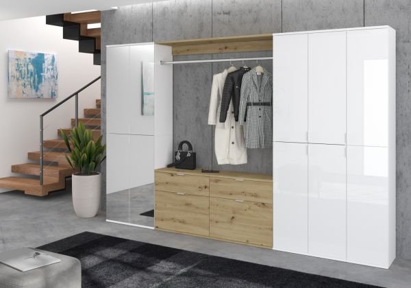 Garderobe mit Spiegel SystemX in wei� Hochglanz und Artisan Eiche Garderobenschrank 273 x 193 cm