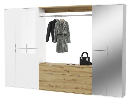 Garderobe mit Spiegel SystemX in wei� Hochglanz und Artisan Eiche Garderobenschrank 273 x 193 cm