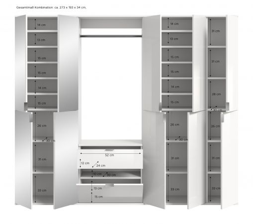 Garderobe mit Spiegel SystemX in wei� Hochglanz und Artisan Eiche Garderobenschrank 213 x 193 cm