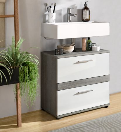 Waschbeckenunterschrank Bailey in wei� Hochglanz und Rauchsilber grau Badezimmer Unterschrank 60 cm