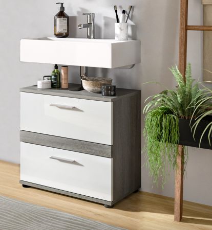 Waschbeckenunterschrank Bailey in wei� Hochglanz und Rauchsilber grau Badezimmer Unterschrank 60 cm