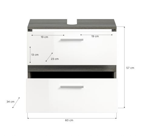 Waschbeckenunterschrank Bailey in wei� Hochglanz und Rauchsilber grau Badezimmer Unterschrank 60 cm