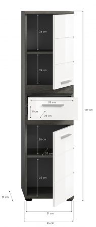 Badezimmer Midischrank Bailey in wei� Hochglanz und Rauchsilber grau Badschrank 35 x 137 cm