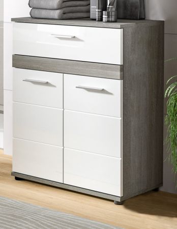 Badezimmer Kommode Bailey in wei� Hochglanz und Rauchsilber grau Badschrank 71 x 79 cm