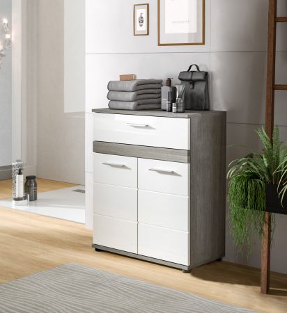 Badezimmer Kommode Bailey in wei� Hochglanz und Rauchsilber grau Badschrank 71 x 79 cm