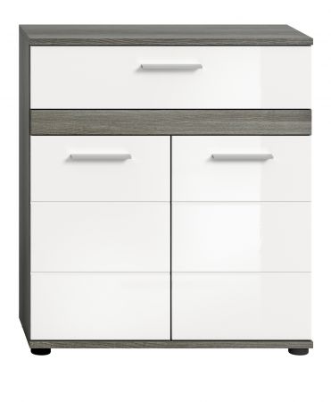 Badezimmer Kommode Bailey in wei� Hochglanz und Rauchsilber grau Badschrank 71 x 79 cm