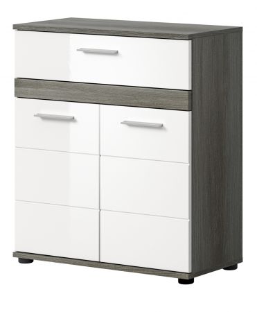 Badezimmer Kommode Bailey in wei� Hochglanz und Rauchsilber grau Badschrank 71 x 79 cm