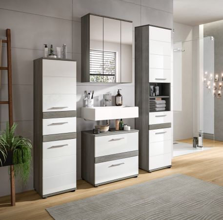 Badm�bel Set 2-teilig Bailey in wei� Hochglanz und Rauchsilber grau Badkombination Breite 60 cm