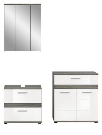 Badm�bel Set 3-teilig Bailey in wei� Hochglanz und Rauchsilber grau Badkombination 146 x 191 cm