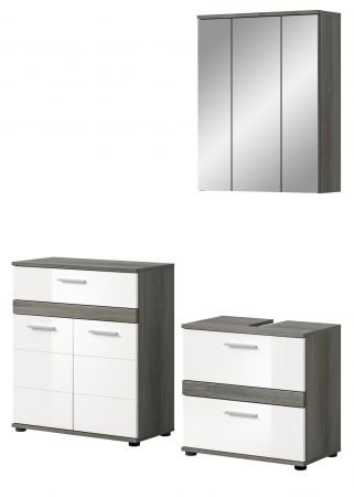 Badm�bel Set 3-teilig Bailey in wei� Hochglanz und Rauchsilber grau Badkombination 146 x 191 cm