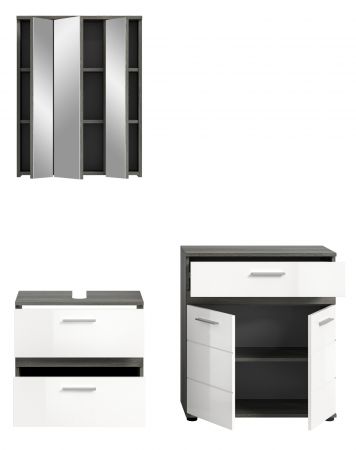 Badm�bel Set 3-teilig Bailey in wei� Hochglanz und Rauchsilber grau Badkombination 146 x 191 cm