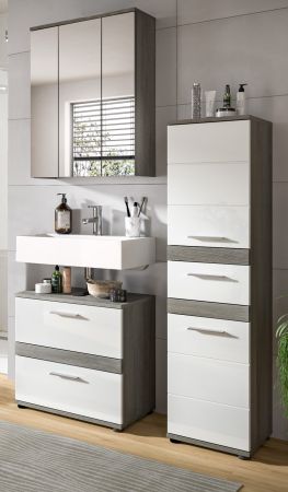 Badm�bel Set 3-teilig Bailey in wei� Hochglanz und Rauchsilber grau Badkombination 110 x 191 cm