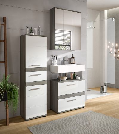 Badm�bel Set 3-teilig Bailey in wei� Hochglanz und Rauchsilber grau Badkombination 110 x 191 cm