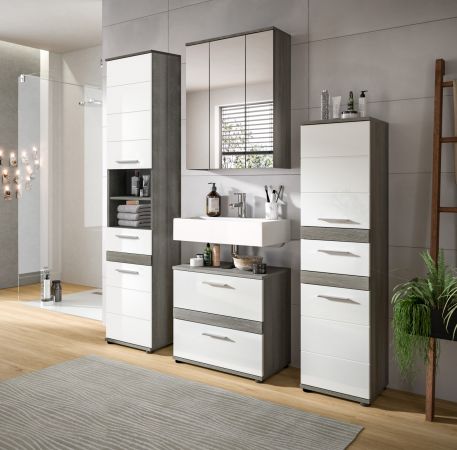 Badm�bel Set 4-teilig Bailey in wei� Hochglanz und Rauchsilber grau Badkombination 160 x 191 cm