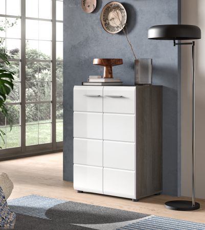 Kommode Rumba in wei� Hochglanz und Rauchsilber grau Sideboard 60 x 85 cm