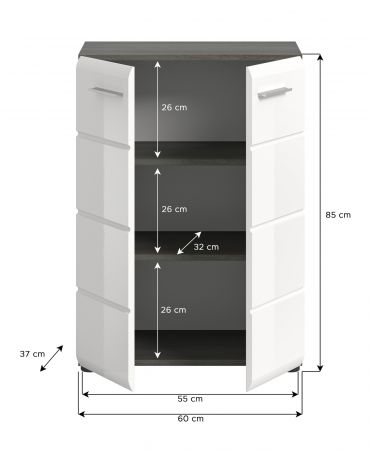 Kommode Rumba in wei� Hochglanz und Rauchsilber grau Sideboard 60 x 85 cm