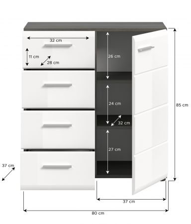 Kommode Rumba in wei� Hochglanz und Rauchsilber grau Sideboard 80 x 85 cm