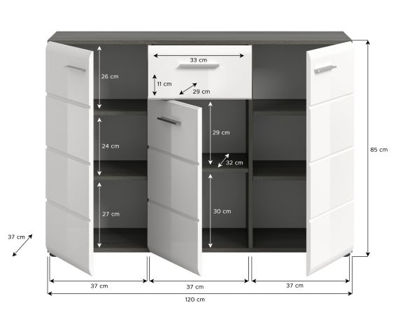 Sideboard Rumba in wei� Hochglanz und Rauchsilber grau Kommode 120 x 85 cm