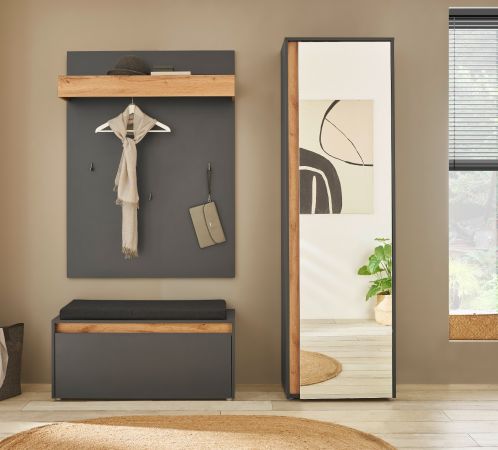 Garderobenschrank Center in grau matt und Wotan Eiche Flurschrank mit Spiegel 60 x 200 cm