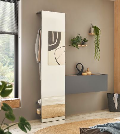 Garderobe Center in grau matt Kompaktgarderobe mit Spiegel 50 x 200 cm