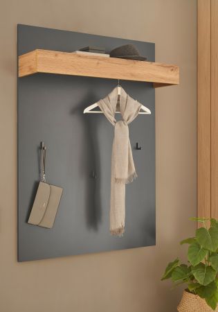 Garderobenpaneel Center in grau matt und Wotan Eiche Wandgarderobe 100 x 135 cm
