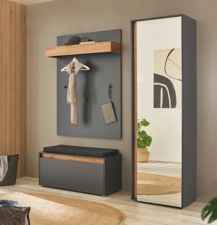 Garderobenpaneel Center in grau matt und Wotan Eiche Wandgarderobe 100 x 135 cm