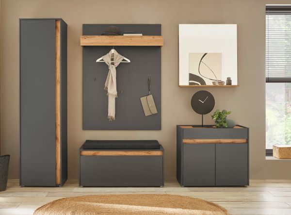 Garderobenpaneel Center in grau matt und Wotan Eiche Wandgarderobe 100 x 135 cm