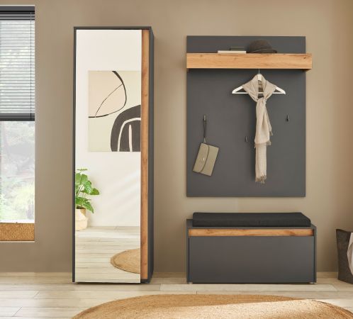 Garderobe Set 4-teilig Center in grau matt und Wotan Eiche Garderobenkombination 170 x 200 cm