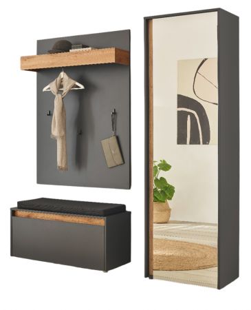 Garderobe Set 4-teilig Center in grau matt und Wotan Eiche Garderobenkombination 170 x 200 cm