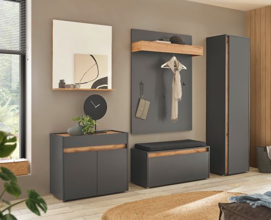 Garderobe Set 6-teilig Center in grau matt und Wotan Eiche Garderobenkombination 260 x 200 cm